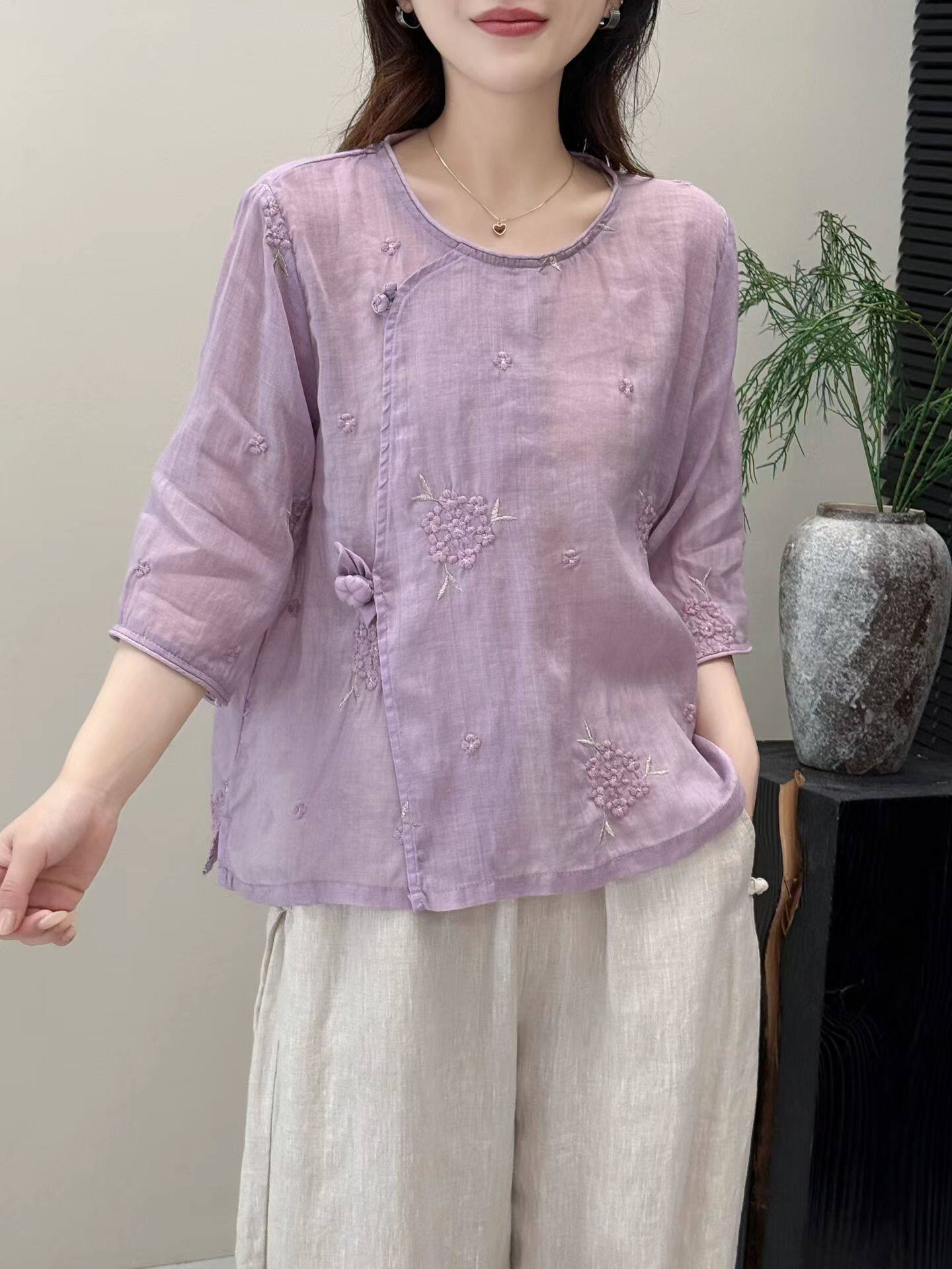复古100%苎麻刺绣衬衫女新中式斜襟盘扣衬衣气质中袖上衣