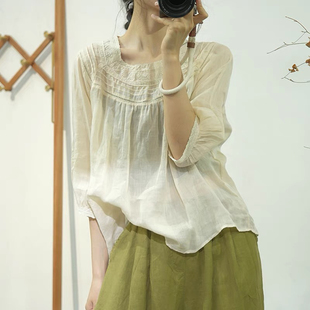 女 复古夏季 文艺方领蕾丝拼接苎麻衬衫 减龄淑女半袖 衬衫