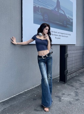 BlackRose ManZi独家高个子千禧年低腰性感个性深蓝喇叭牛仔裤