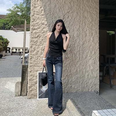 BlackRose ManZi复古辣妹低腰双排扣深蓝色牛仔裤提臀喇叭显瘦