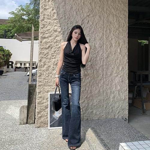 BlackRose ManZi（售完不补）低腰双排扣深蓝色牛仔裤提臀喇叭