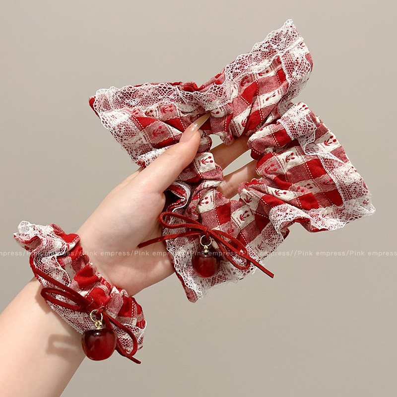 红色樱桃蝴蝶结方巾大肠发圈女头花2025新款高级感扎马尾头绳发饰