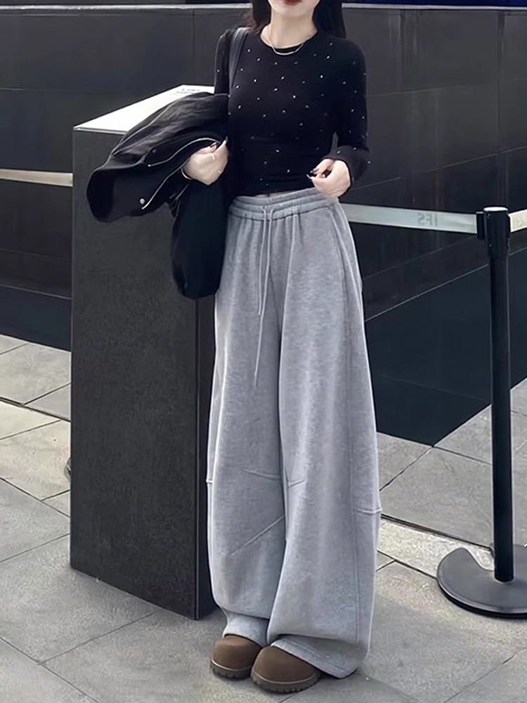 小众设计感灰色运动阔腿裤女2025春秋季新款高腰宽松弯刀休闲卫裤