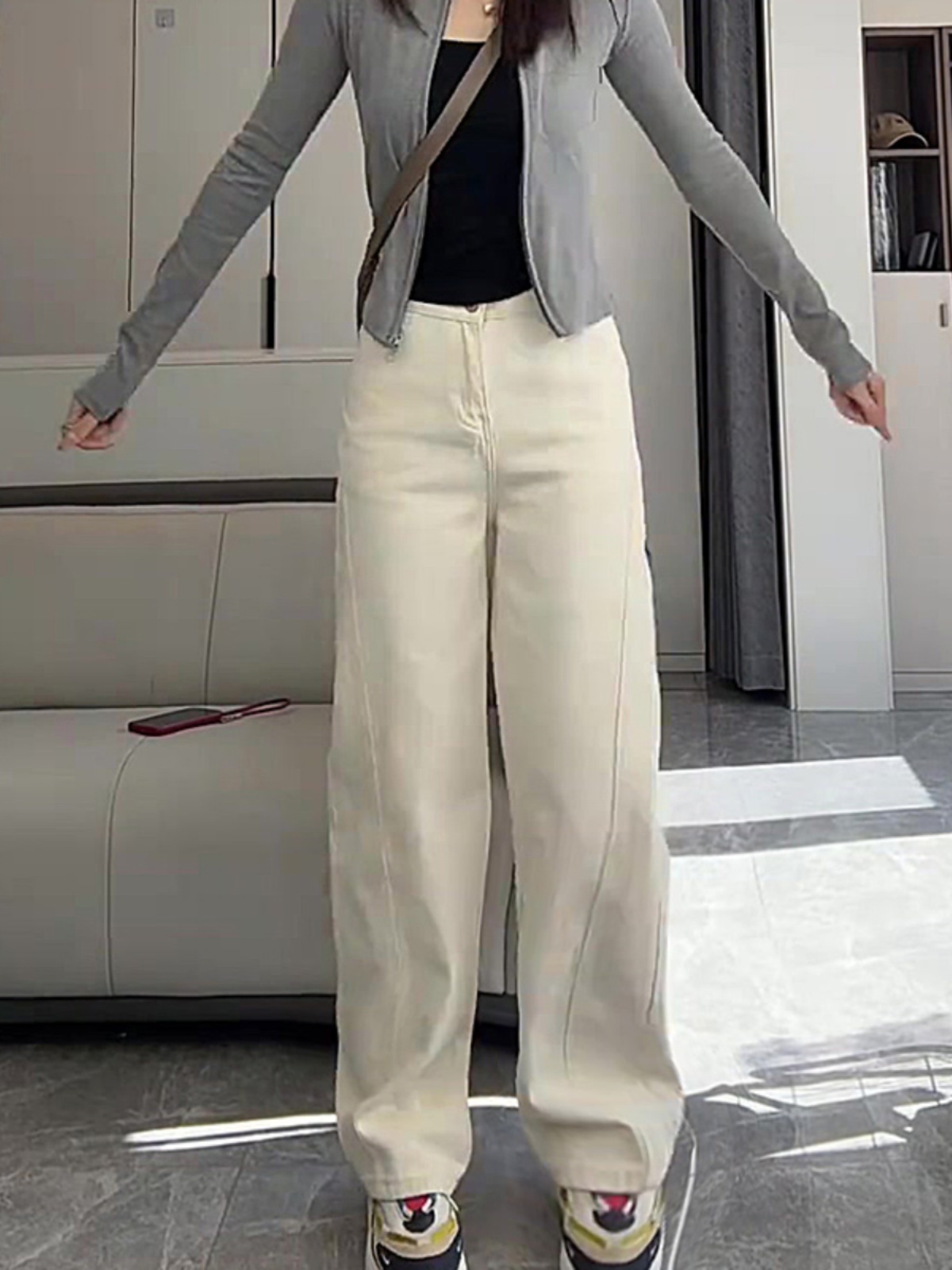 白色直筒牛仔裤女2025新款春夏季高腰显瘦宽松阔腿裤小个子弯刀裤