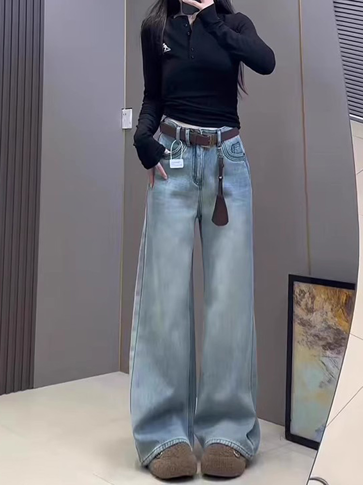 浅色牛仔裤女2025新款高腰宽松阔腿裤小个子梨形身材裤子加绒秋冬