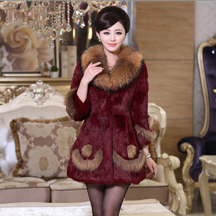2024新款冬季兔毛皮草外套中长款女士貉子毛领真皮毛一体外套供货