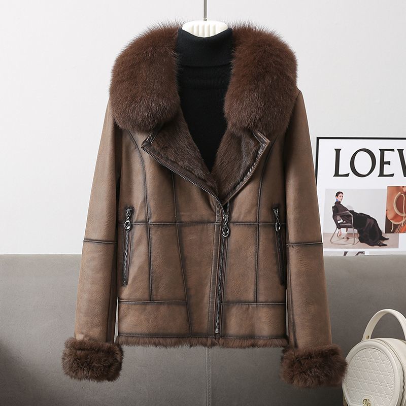跨境2025冬季新款爆款狐狸毛领兔毛皮草外套女真皮毛一体机车短款