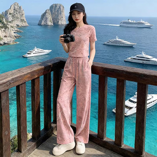 欧货漂亮休闲运动套装 短袖 T恤阔腿裤 两件套 女2026夏洋气粉色短款