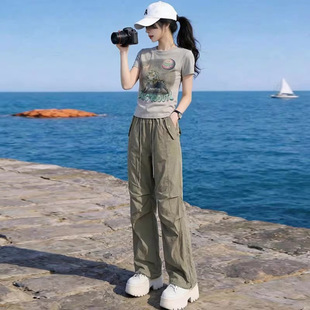 小个子休闲运动套装女2026夏季显瘦减龄修身短袖T恤工装裤两件套