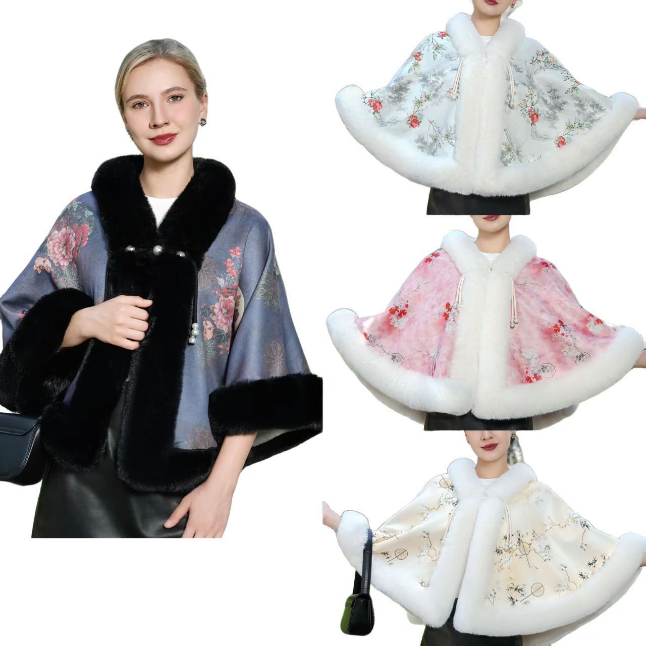 新中式旗袍披肩针织百搭披风仿皮草国风斗篷加厚秋冬秋冬季外套