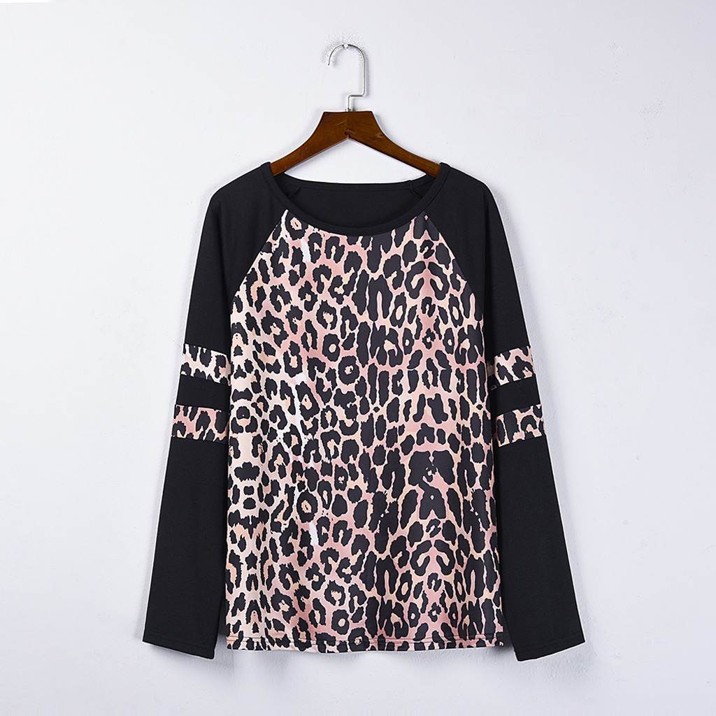 Leopard Panel Long Sleeve T-Shirt Top Loose Pullover套头衫
