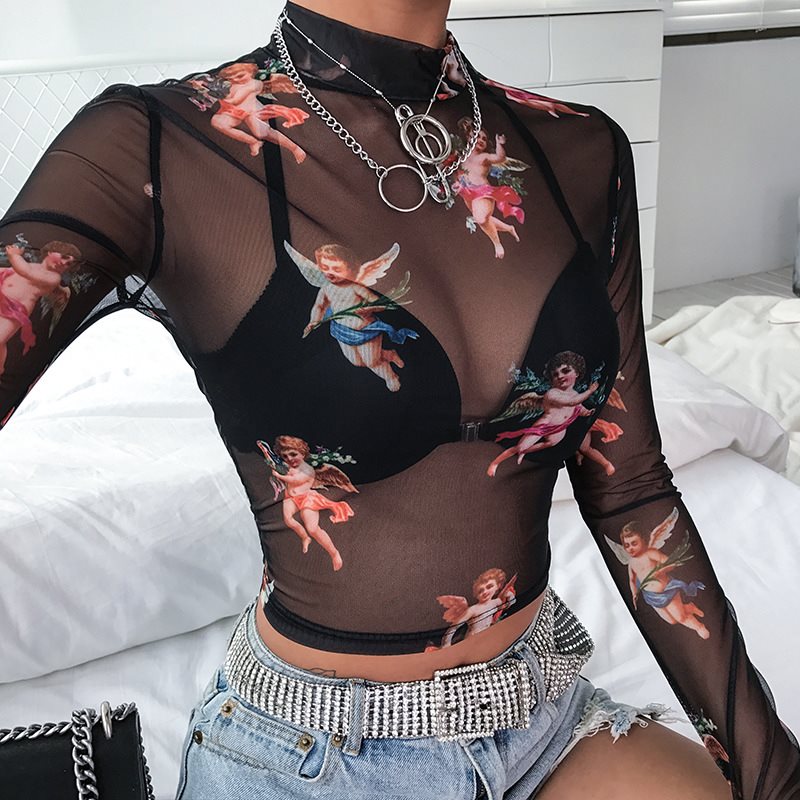 Cute angel print mesh openwork short T-shirt