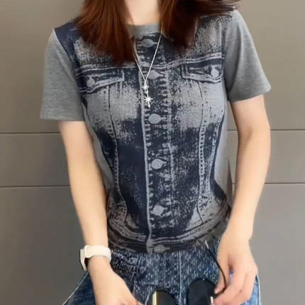 爆款夏季新款纯棉印花短袖T恤女修身显瘦时尚百搭减龄高级感上衣