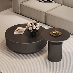 黑白圆形岩板茶几组合小户型客厅家用简约现代轻奢高级感茶桌 法式