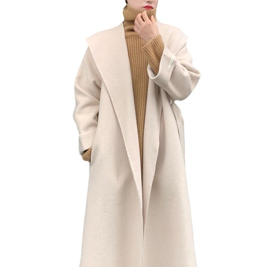 新款双面羊毛绒大衣女 气质长款腰带大领子宽松羊毛双面毛呢外套