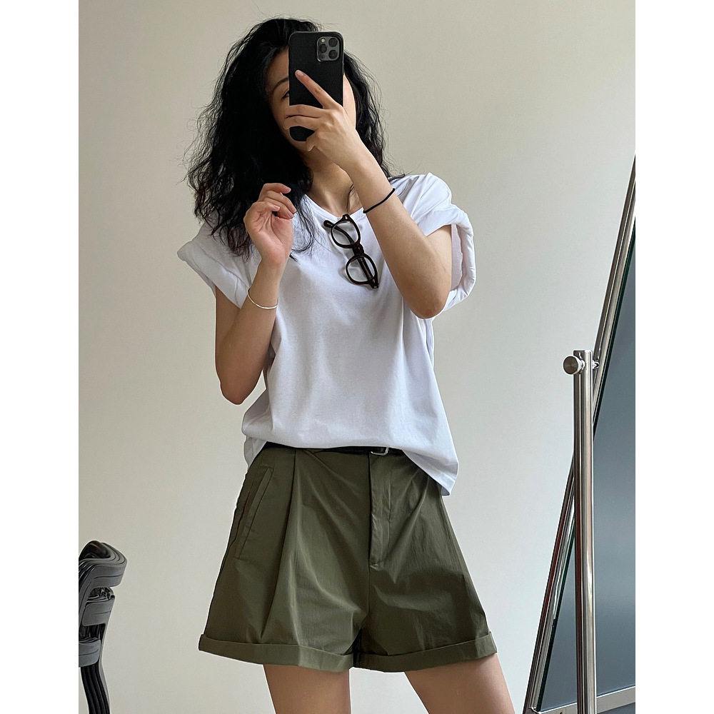 eden夏新款韩版设计感卷边袖口短袖宽松显瘦内搭休闲上衣女