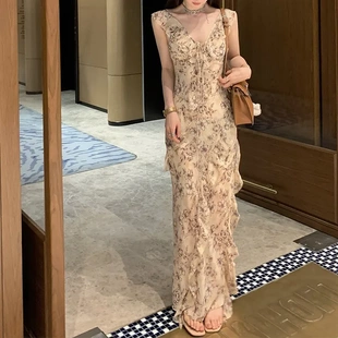 缪斯飘带与莱茵水仙仿真丝绉纱花边裙碎花吊带裙