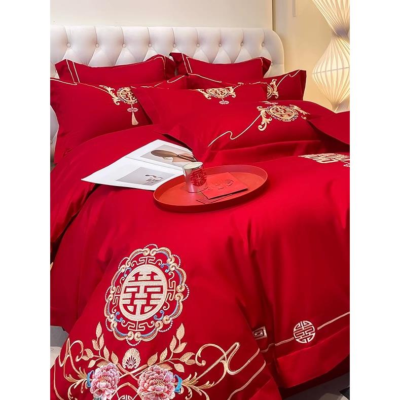 新疆包邮中式婚庆四件套大红色纯棉全棉刺绣喜庆床上用品婚房绣花
