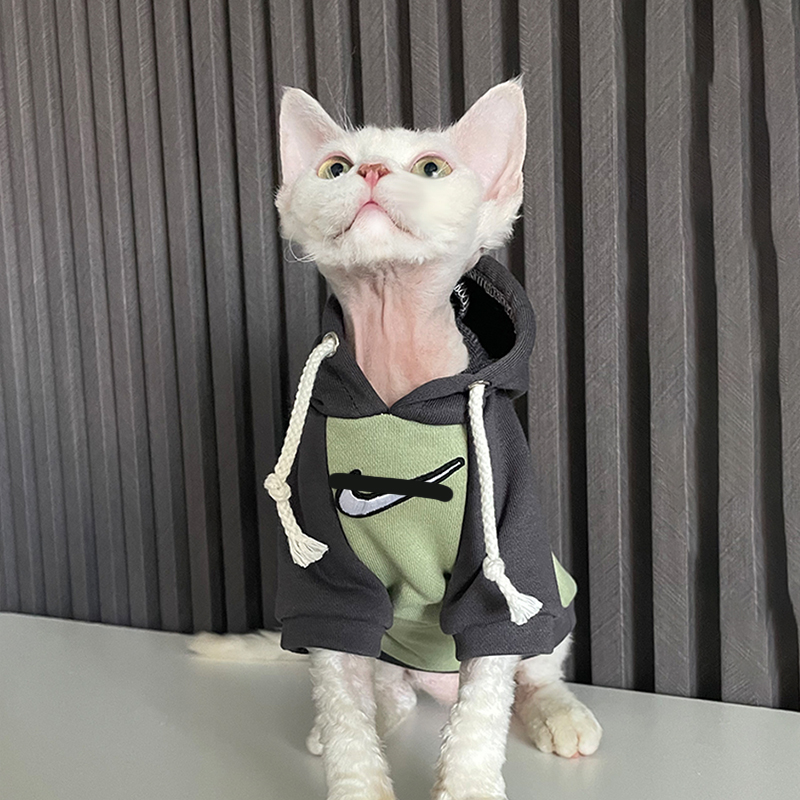 任发财无毛猫衣服斯芬克斯猫德文卷毛猫衣服纯棉连帽卫衣潮牌-封面