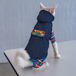 魔术贴刺绣牛仔加绒加厚马甲德文猫衣服斯芬克斯无毛猫柯尼斯阿比