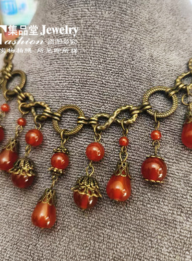 欧美中古回流饰品天然红玛瑙高级夸张红古风宝石复古重工项链水滴