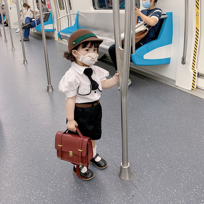 woniu女童学院风套装夏季新款衬衫短袖短裤女宝童装夏季制服洋气
