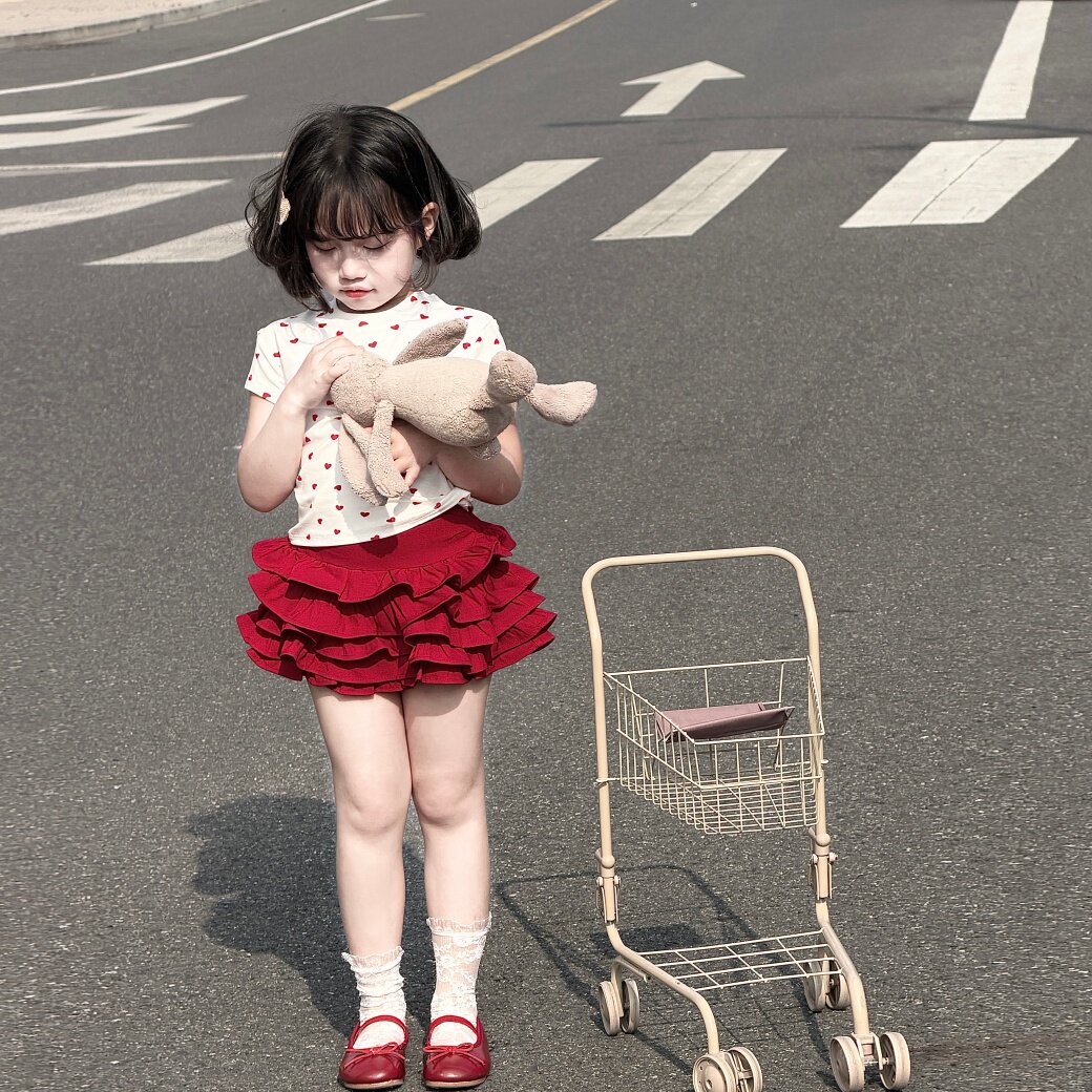 WONIU莓果甜梦~女童爱心T恤弹力上衣女宝宝千层蛋糕裙生日夏季