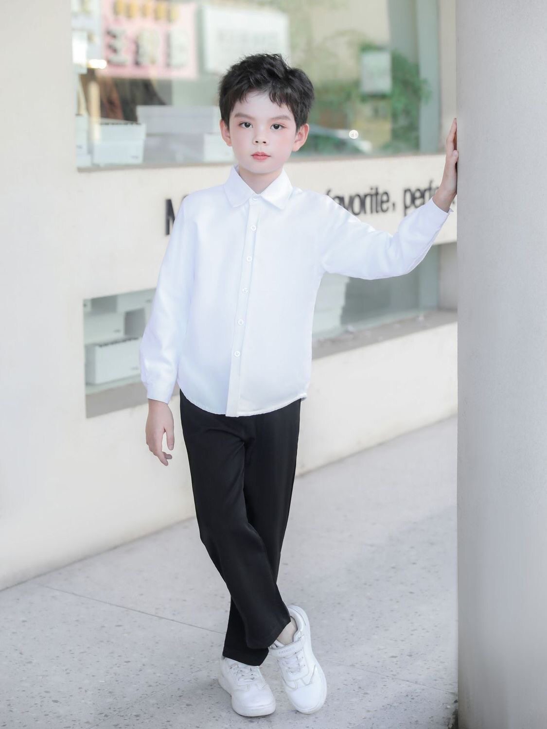 开学男童衬衫长袖春秋中大童韩版洋气白色儿童长袖长裤套装表演服