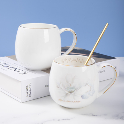 欧式简约骨瓷金边马克杯陶瓷大容量牛奶杯办公咖啡杯活动礼品水杯
