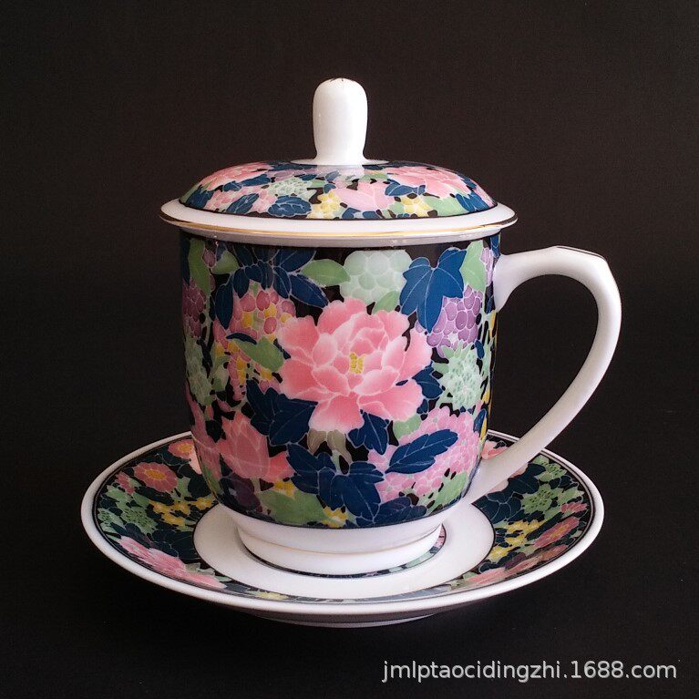 醴陵釉下五彩瓷带盖陶瓷杯茶水杯子手绘满花描金办公杯老板会议杯