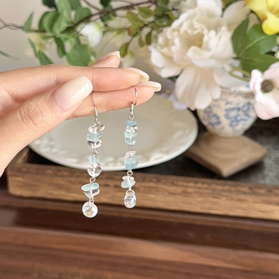 水光潋滟｜一加一shop原创手作天然海蓝宝耳环女修饰脸型天菜耳夹