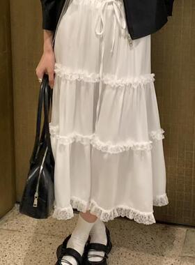 CC-LL韩国东大门代购 春季新款 抽绳松紧腰蕾丝花边拼接长裙A字裙
