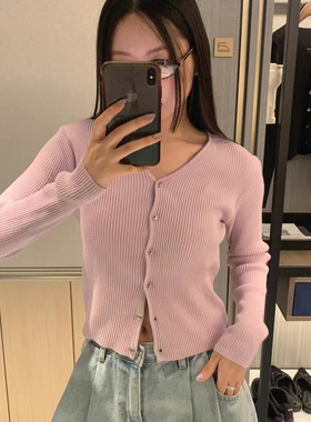 CC-LL韩国东大门代购 春季新款 纯色V领显瘦系扣短款长袖针织开衫