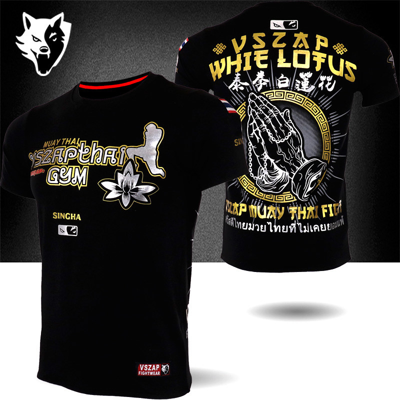 Vszap运动短袖经典格斗MMA搏击泰拳健身跑步肌肉T恤莲花播求弹力