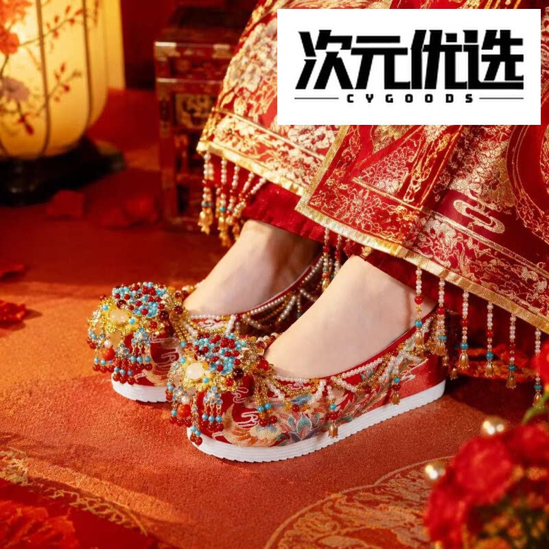 秀禾婚鞋新娘红色汉服婚鞋绣花鞋图片