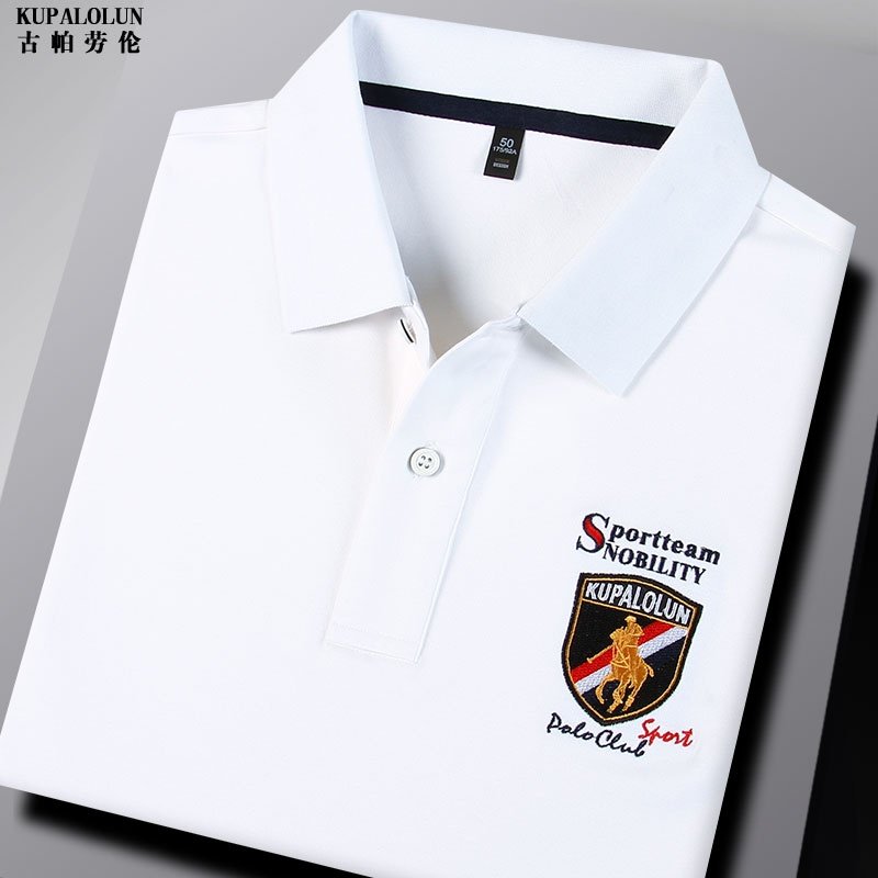 春秋季中年男士白色长袖T恤商务休闲翻领polo衫保罗刺绣上衣男装