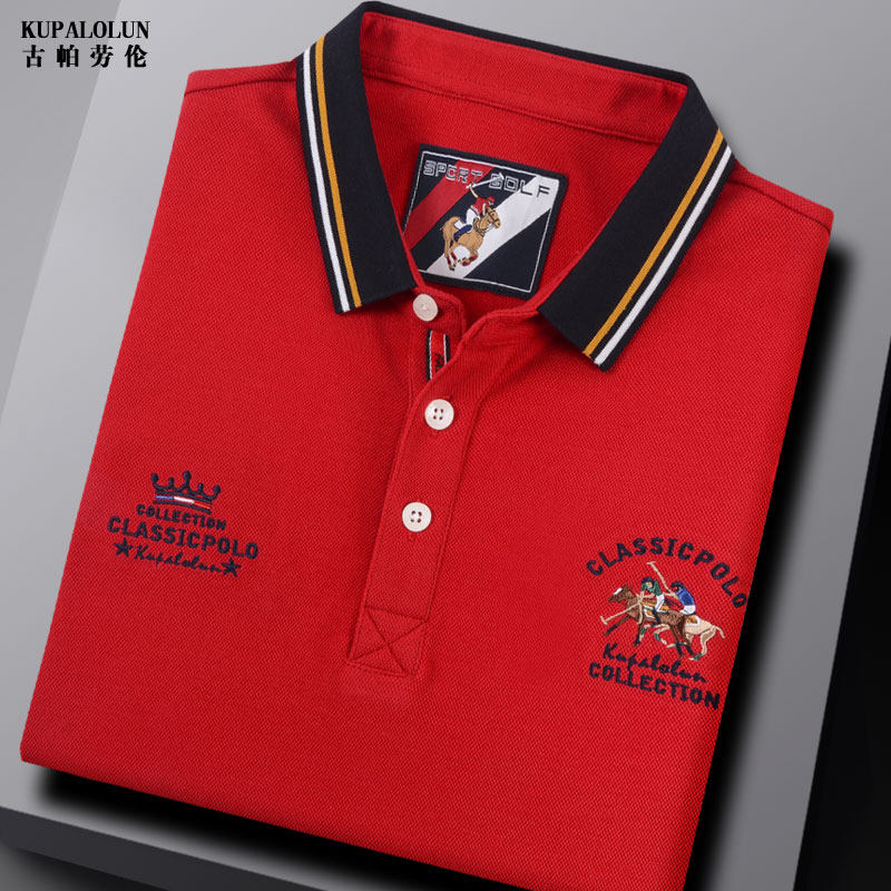 大红色长袖T恤男士纯棉保罗刺绣翻领上衣春秋季时尚休闲装POLO衫
