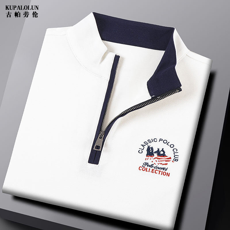 春秋季打底白色半高拉链长袖T恤男立领纯棉保罗衫休闲上衣POLO衫