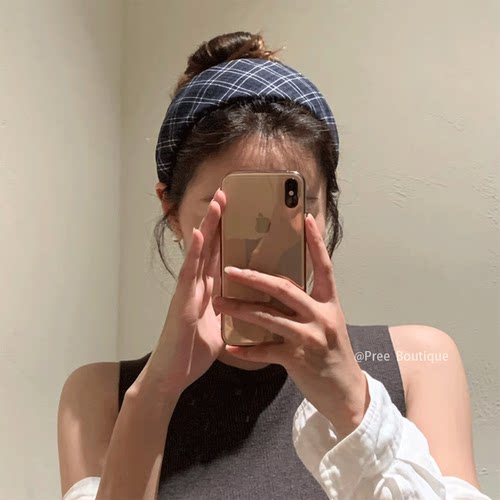 Pree“浅海假日”韩系格纹宽版发箍女百搭高颅顶头饰发饰