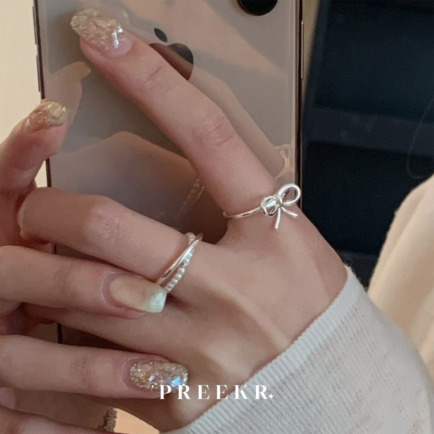 韩系极简珍珠蝴蝶结戒指