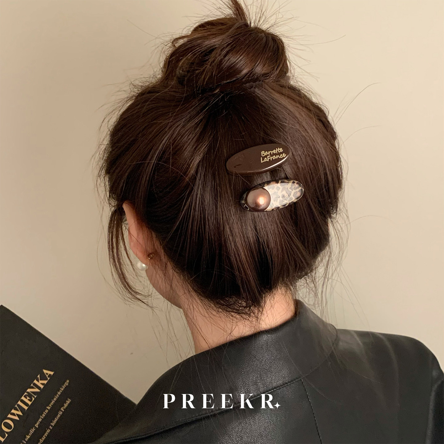 Pree豹纹复古圆珠女气质简约掰掰对夹百搭水滴夹刘海碎发夹侧边夹