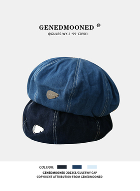 日系金属标蓝色牛仔云朵贝雷帽女ins复古大头围画家帽显脸小秋冬