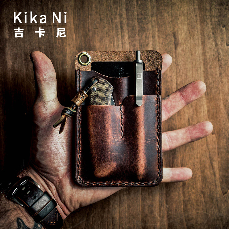 吉卡尼 手工手缝钱包复古头层牛皮卡包复古证件包竖款卡片式小包