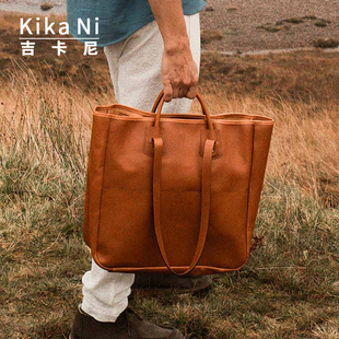 吉卡尼 大容量手提通勤电脑包公文包 阿美咔叽复古托特包真皮男士