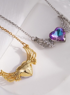 新款铜镀真金项链女微镶锆石爱心翅膀吊坠高级感百搭配饰