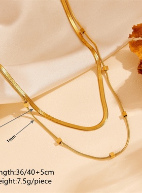 不锈钢双层刀片蛇链钢珠项链 时尚钛钢不掉色18k镀金项链