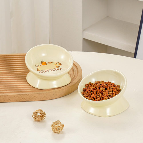 卡皮巴拉猫碗陶瓷高脚斜口幼猫猫食盆护颈猫粮碗喝水碗宠物碗狗碗