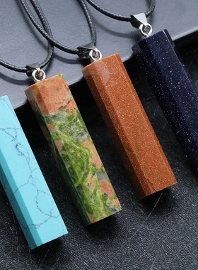 square pendantstone天然水晶玛瑙石方块吊坠 手工切面项链