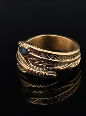 阿里欧美不掉色蓝松石羽毛造型金色钛钢戒指指环