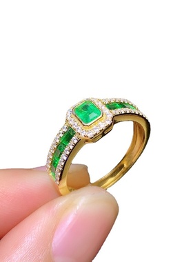 仿天然哥伦比亚祖母绿彩宝戒指女 奢华满钻排戒开口条戒